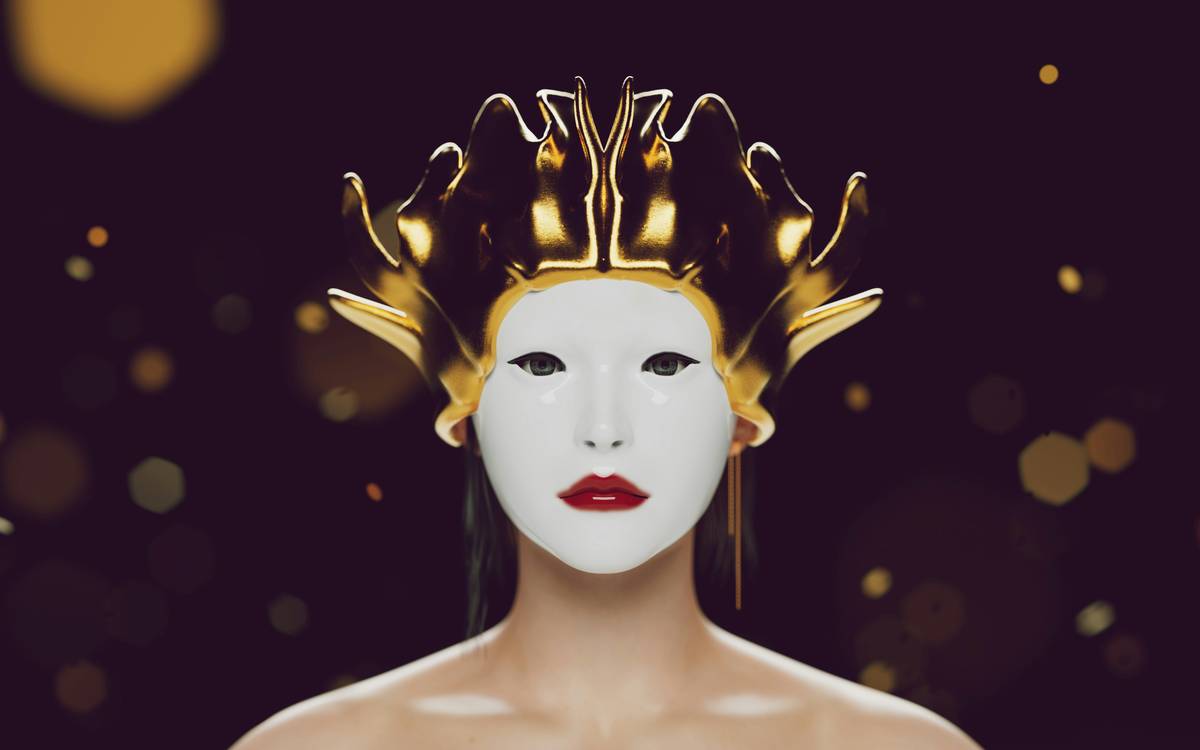 A woman struggling to adjust a heavy decorative hair crown